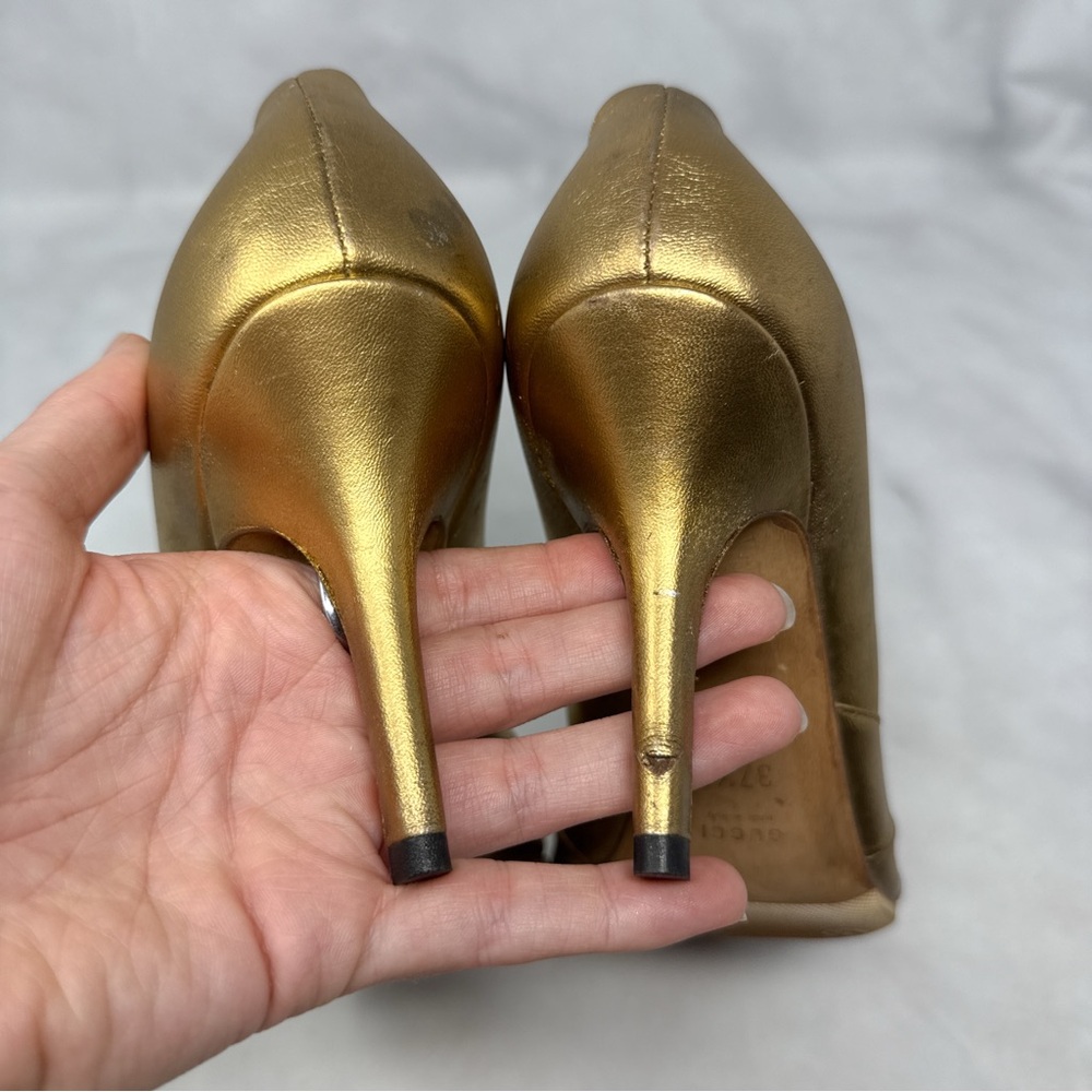 GUCCI Vintage Y2K Metallic Leather Knot Peep Toe Mid Height Pump Heels Gold 37.5 - Picture 10 of 16